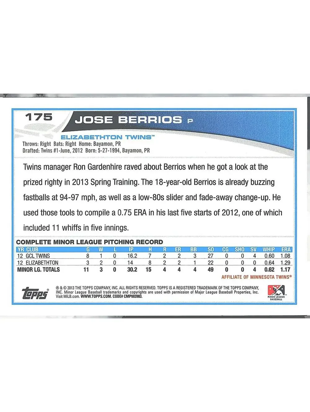 2013 Topps Pro Debut #175 Jose Berrios HAND SIGNED